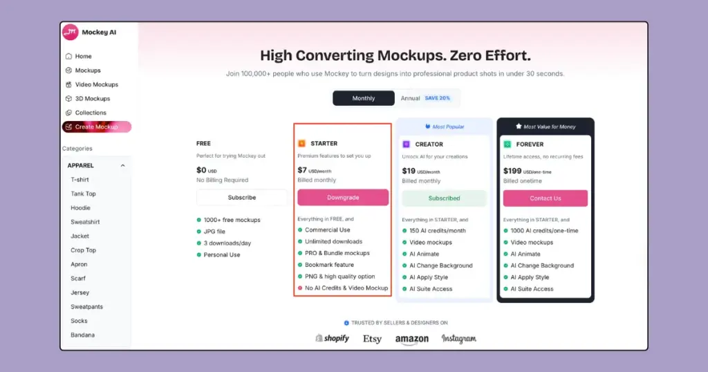 select the starter plan for 3d mockup full access
