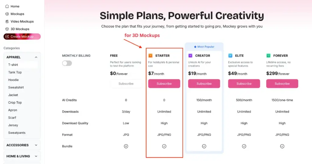 starter plan for 3d mockups