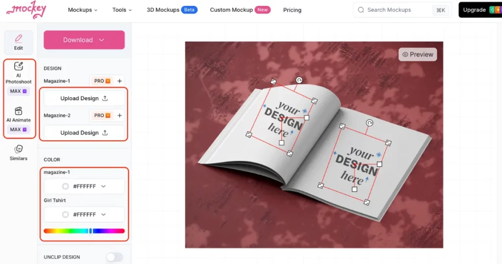 customize magazine mockup in mockey ai