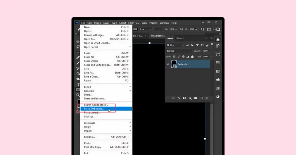 go to file, then place embedded and add your design