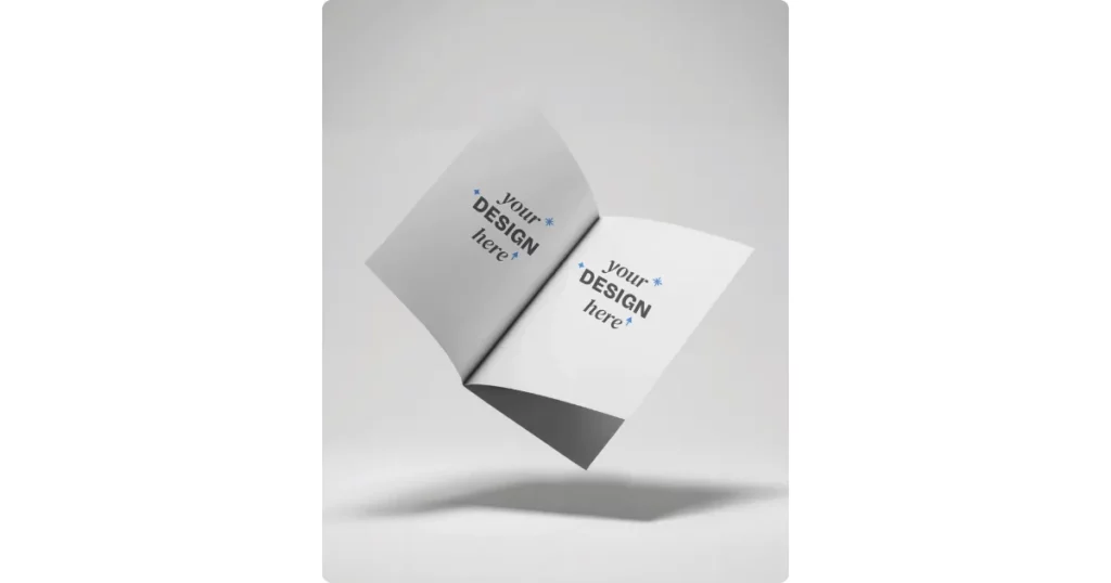 a bi-fold a4 brochure floating mid-air