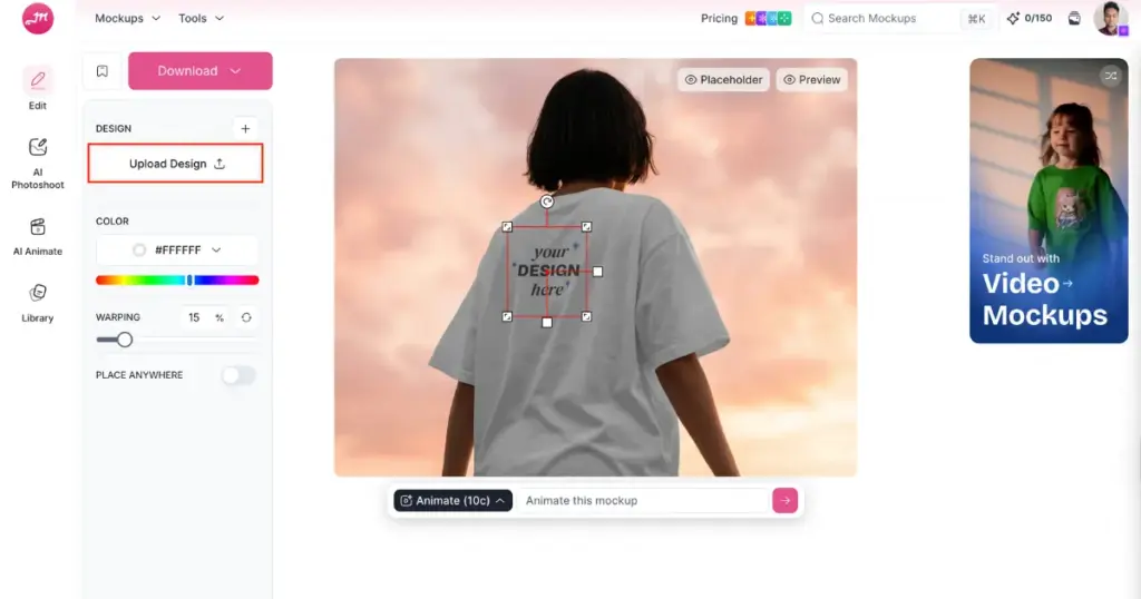 click upload design button to add logo or artwork