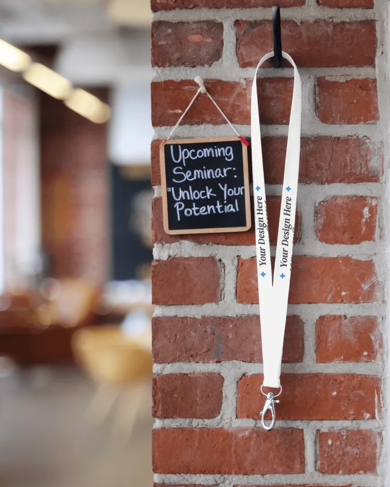 lanyard mockup with premium metal clip on brick wall