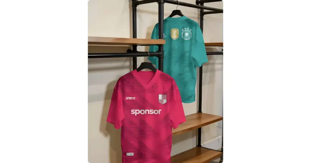 team jerseys in pink and teal showing custom sponsor branding