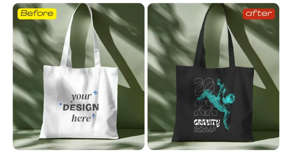 a black canvas tote bag against the green wall