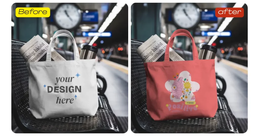 a canvas tote bag sits on a metal bench