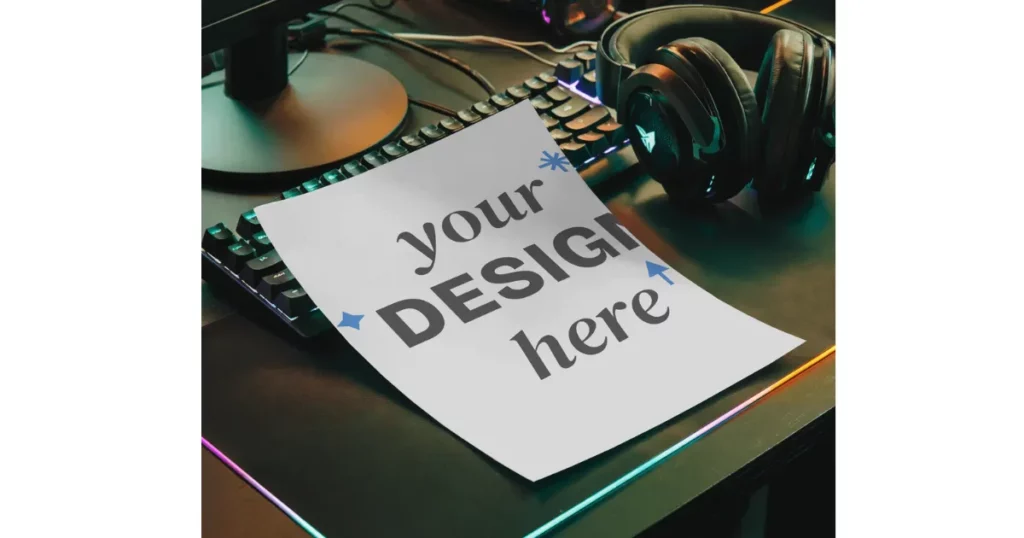 a gaming desk a4 flyer placed on a keyboard