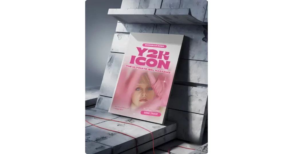 a magazine leans against a concrete block