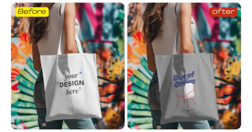a woman carries a gray canvas tote bag