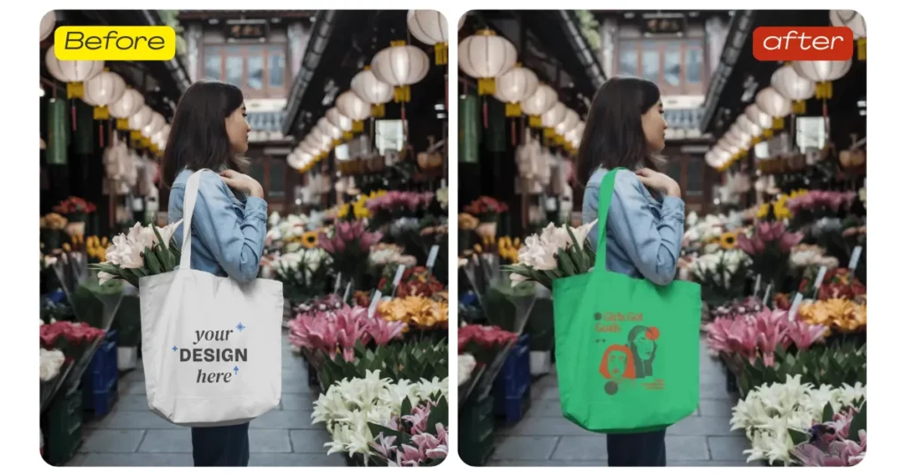 a woman with a canvas tote bag in a flower market