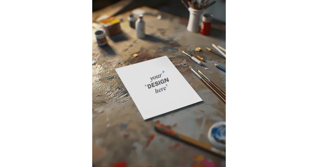 a4 flyer on a table that is splattered with paint