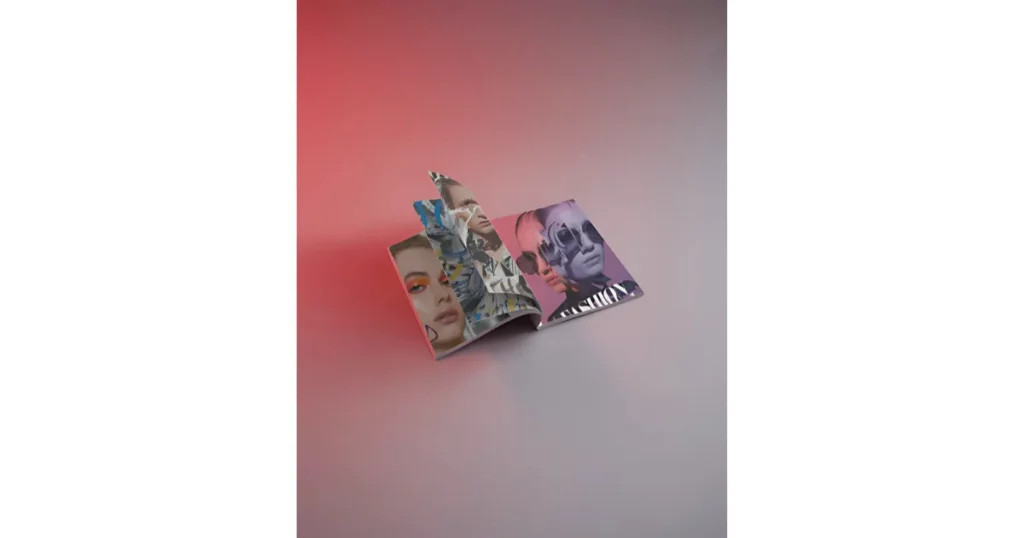 an open magazine shows different pages
