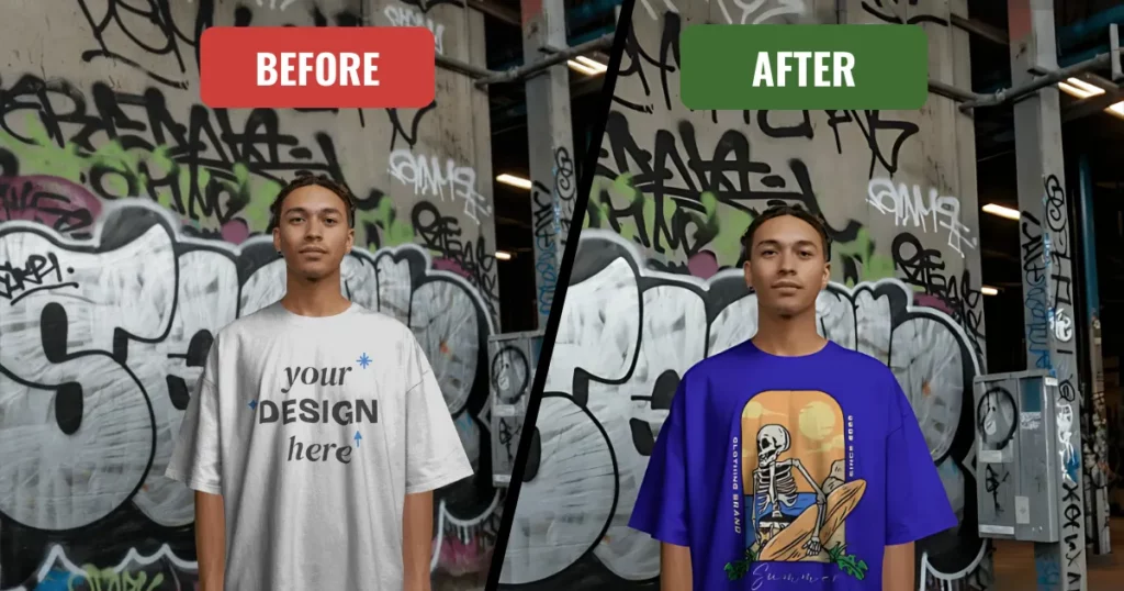 graffiti wall with a model wearing a t-shirt