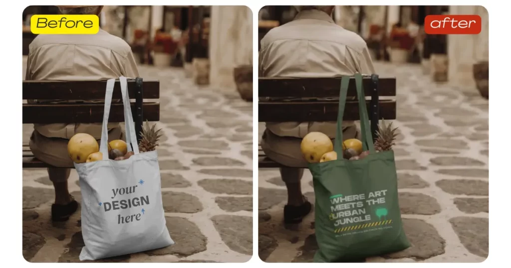 the canvas tote bag rests near a bench