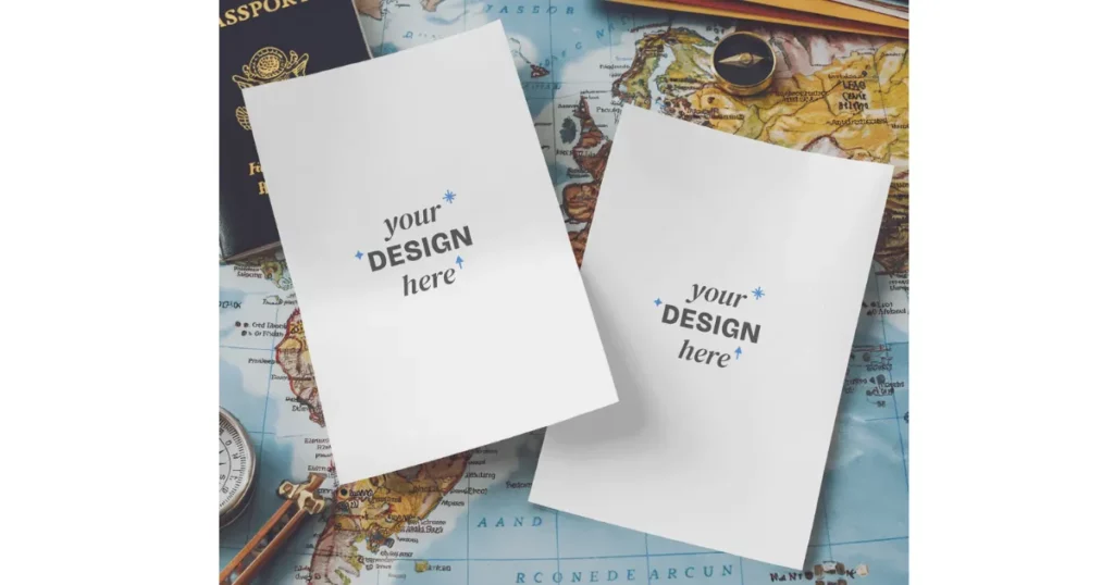 two a4 flyers laid out on a world map