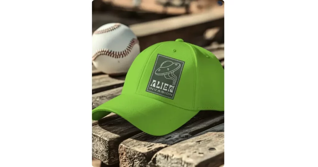 a baseball cap on a wooden bench