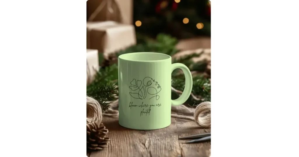 a coffee mug against green pine branches and a christmas tree