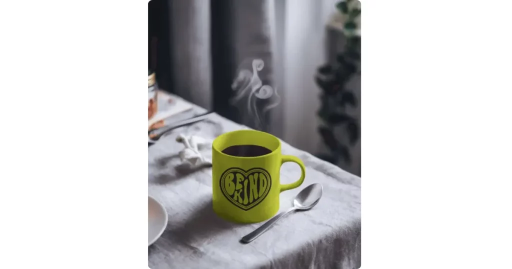 a coffee mug sits on a table