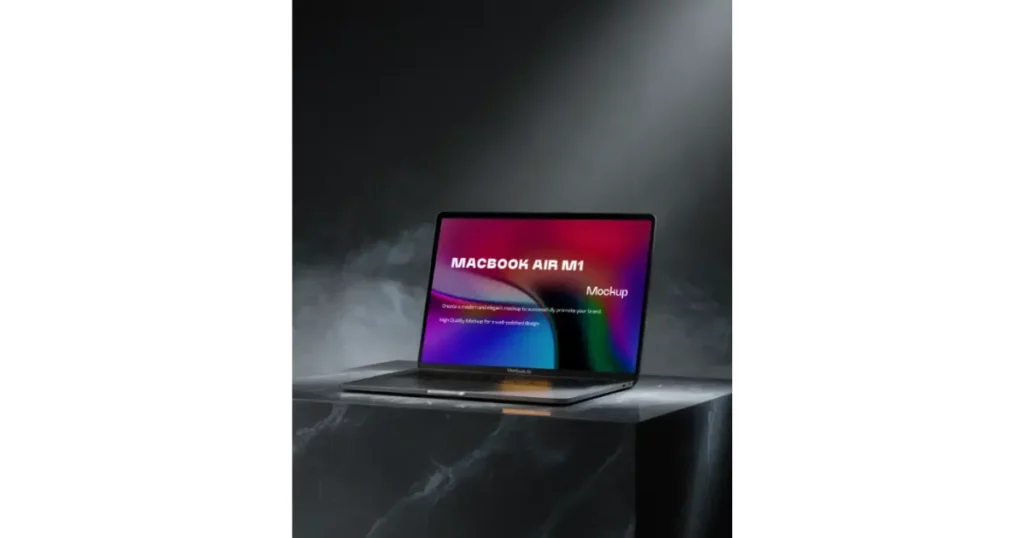 a macbook air m1 model placed on a marble base