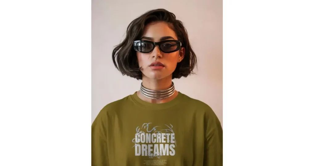 a model wearing a mustard olive oversized t-shirt