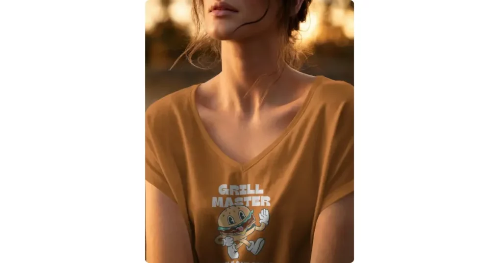 a woman wearing a v-neck t-shirt during sunset time