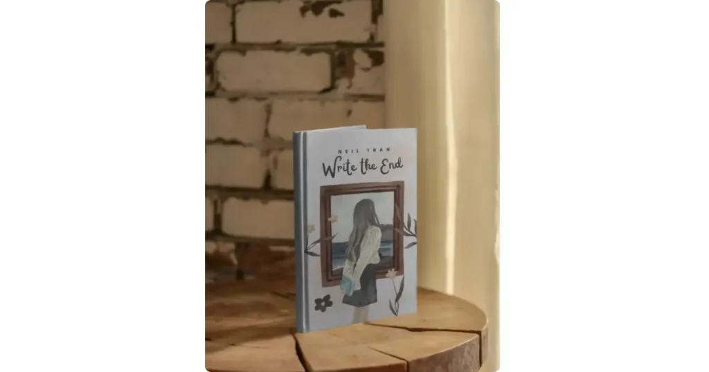 an a4 book rests on a wooden slab