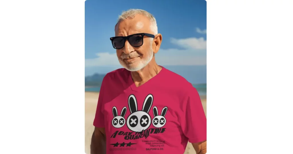 an old man wearing a v-neck t-shirt on a sunny beach