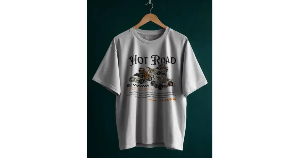 an oversized t-shirt hangs in a wooden hanger