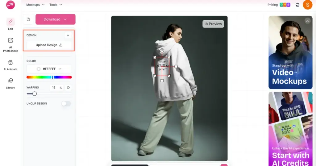 design upload to the hoodie template