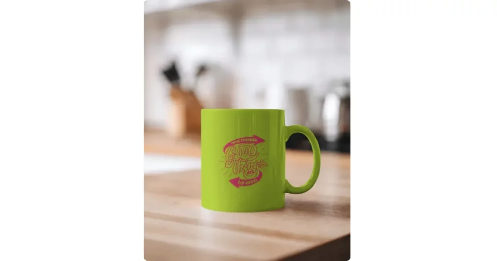 glossy coffee mug on a wooden countertop