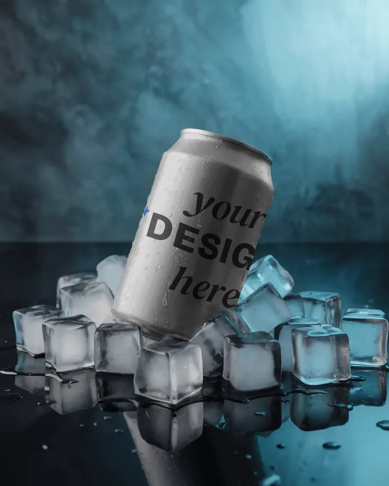 tilted can mockup on ice cubes