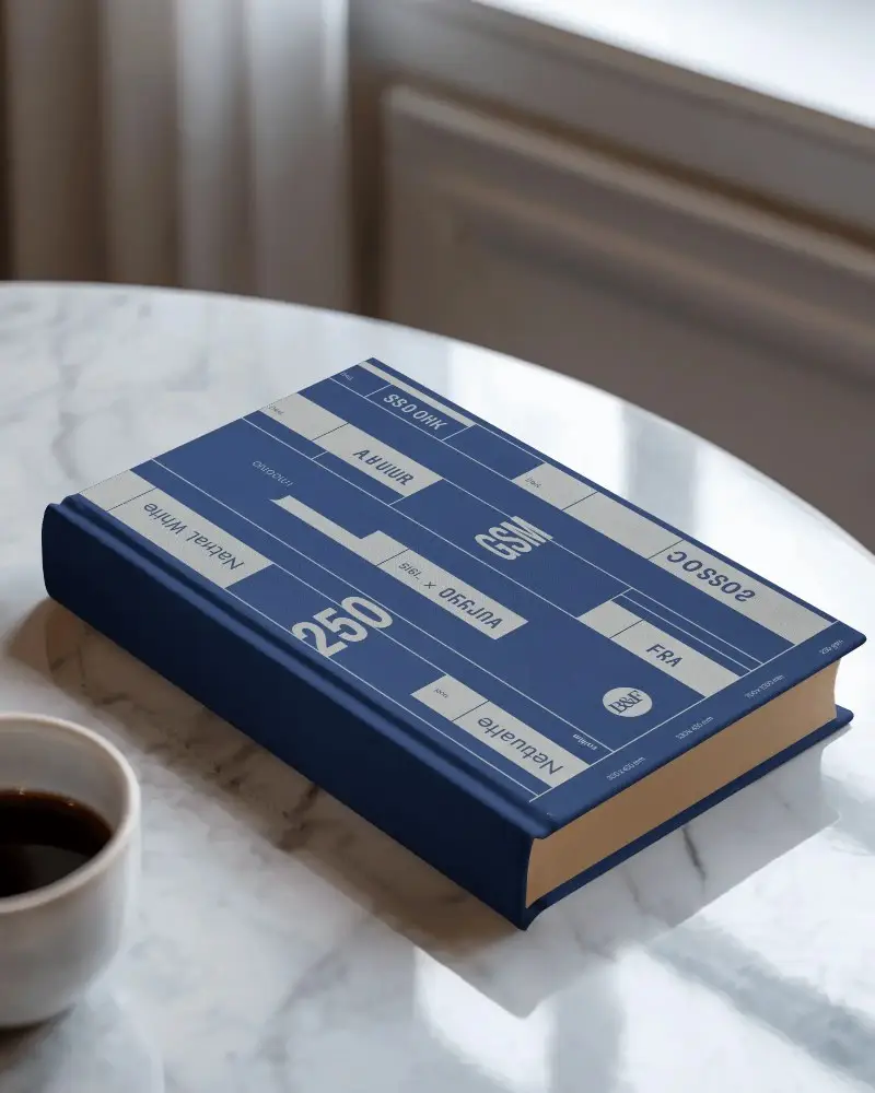 hardcover book mockup on round white marble table with black coffee cup in soft light




