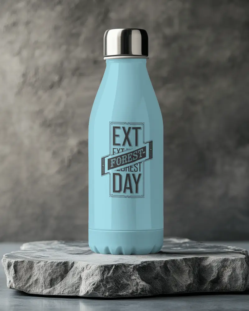 stylish metal hydration bottle mockup with exotic nature inspired label and leakproof cap
