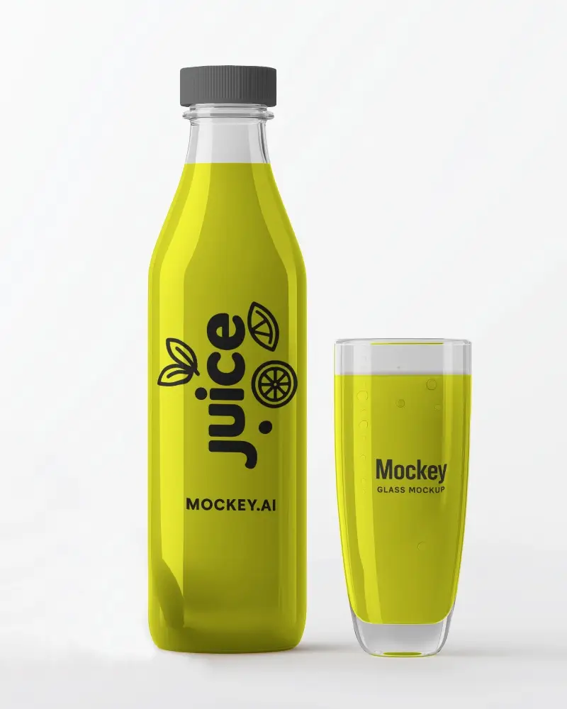 premium glass bottle mockup and glass mockup showcasing fruit juice on clean surface ideal for juice packaging design showcase