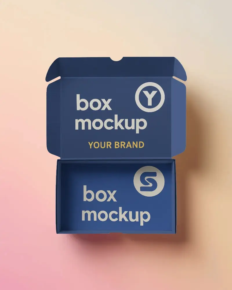 flat lay cardboard box open flaps on pink to cream gradient backdrop ecommerce mockup style








