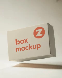 elegant box mockup floating over ceramic surface with soft directional light
