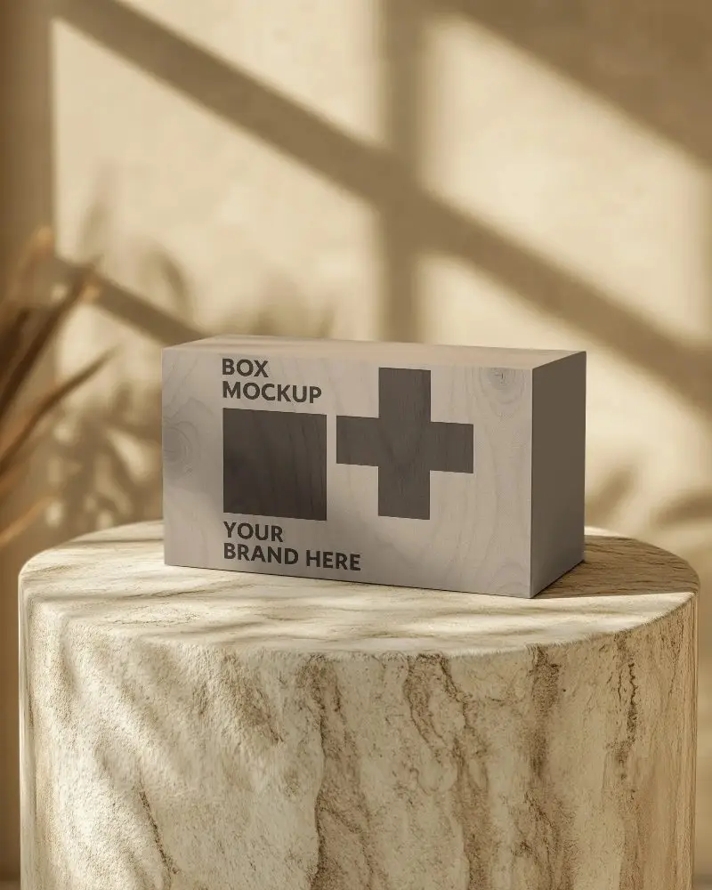 sunlight shadow box mockup on marble podium warm tones elegant display scene
