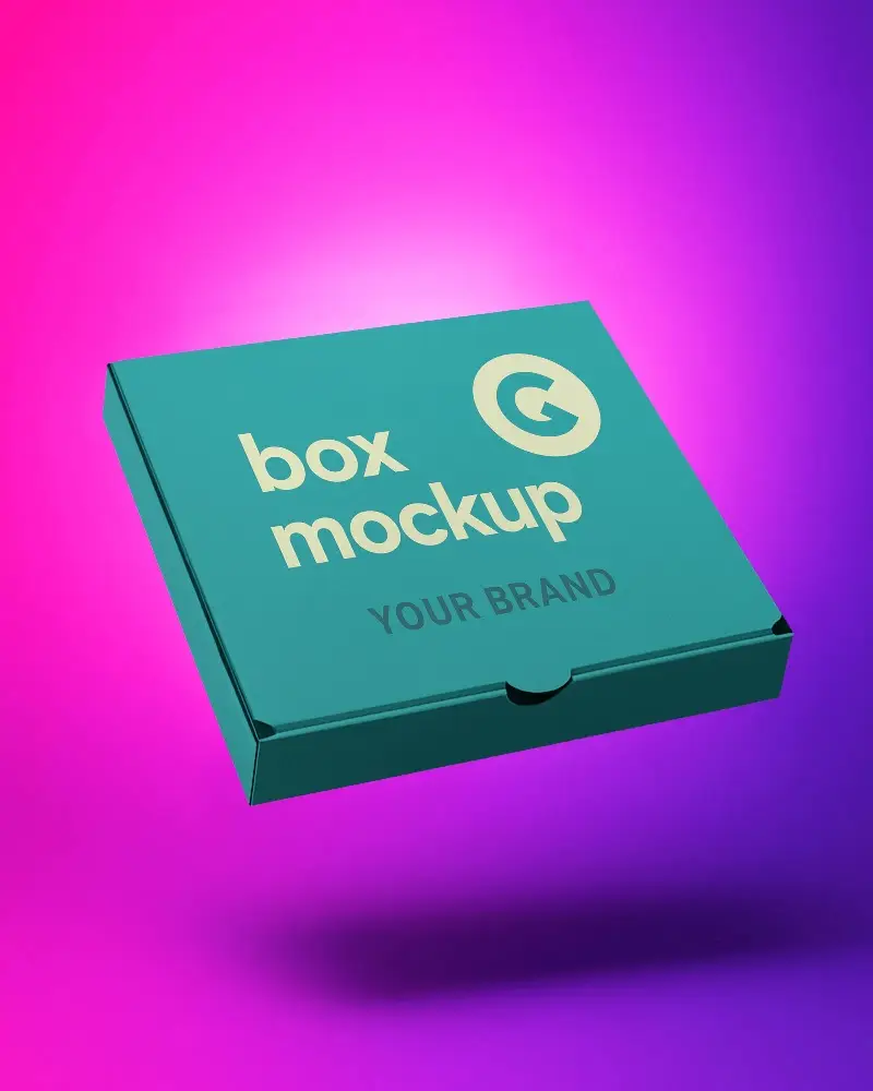 pizza box mockup hovering on neon gradient background edgy vibrant packaging template
