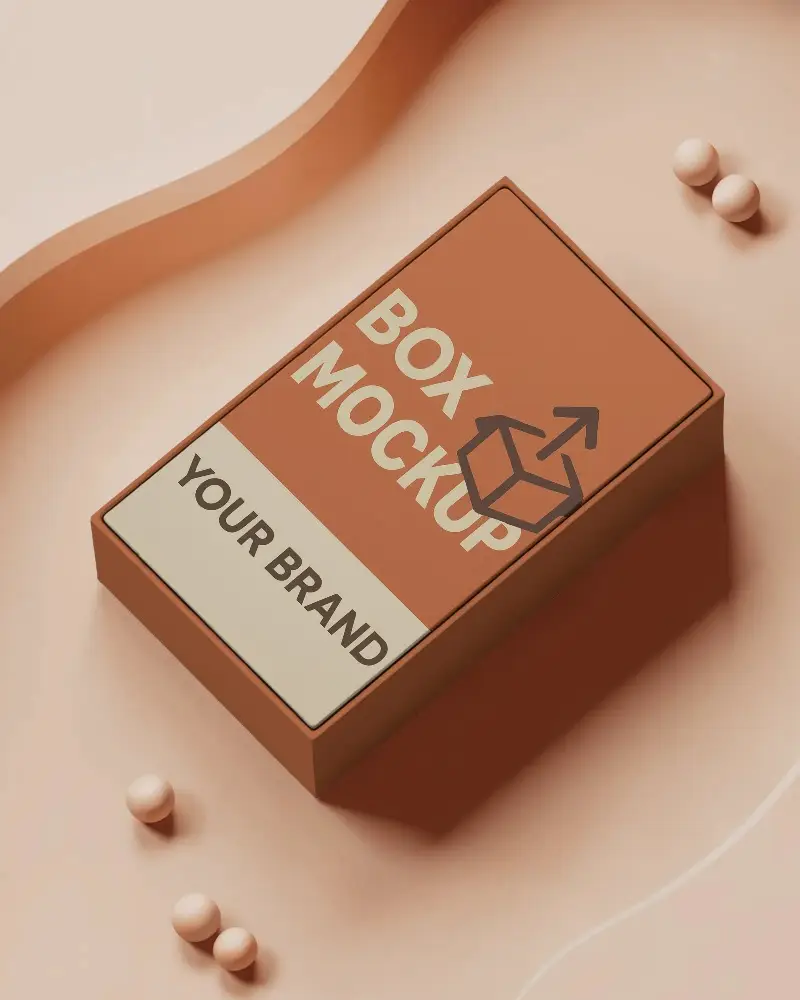 top view rectangular box mockup on peach abstract background with spherical decorative elements








