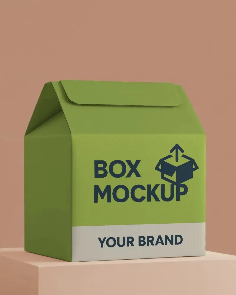 gable box mockup on peach toned podium perfect for gift or retail packaging presentations









