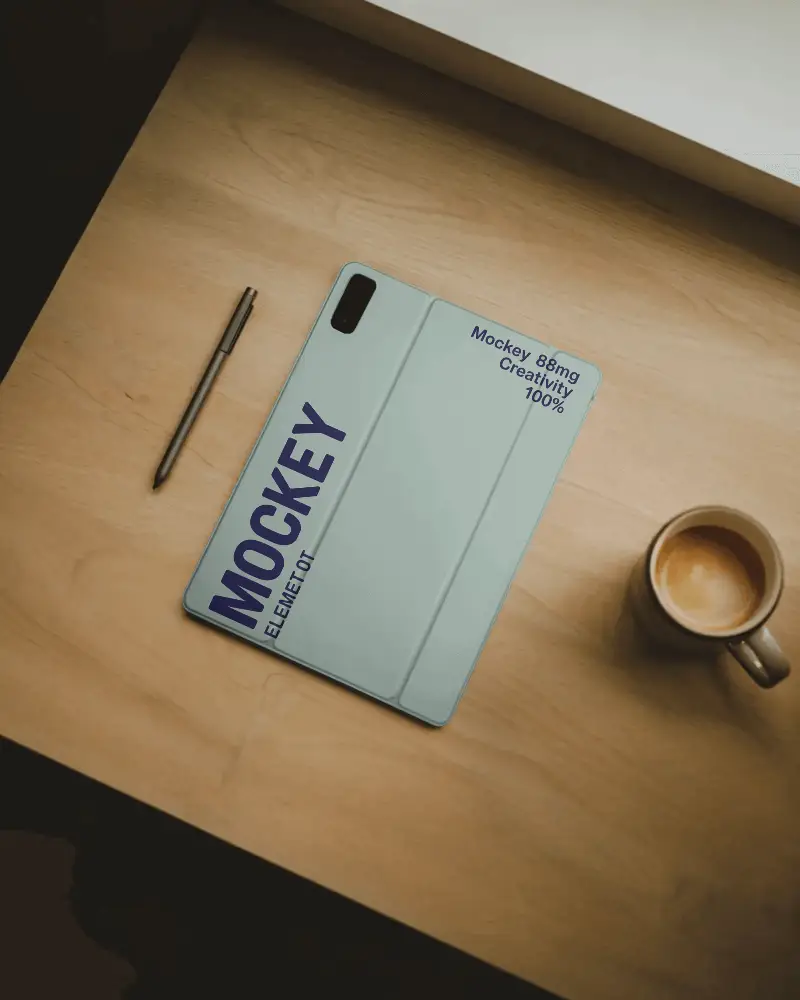 sleek durable tab cover mockup on wooden surface with stylus and coffee cup accessories
