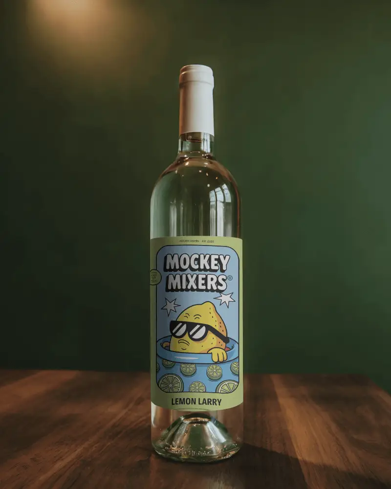 elegant wine bottle mockup with blank label standing on wooden surface for design