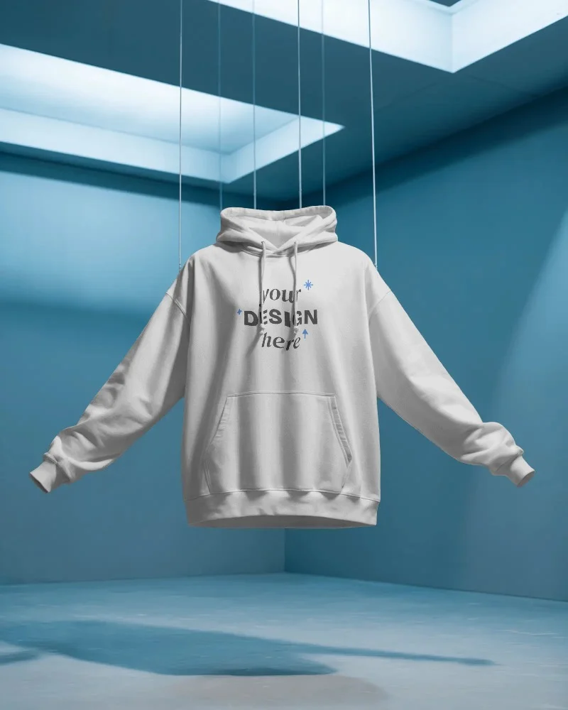front view hoodie mockup floating in minimal graphic showcase