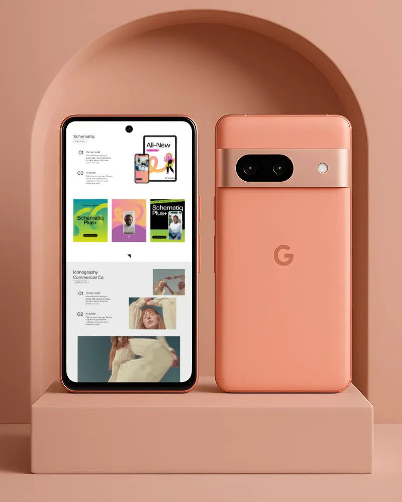google-pixel smartphone front and back view and screen showing a wbsite mockup