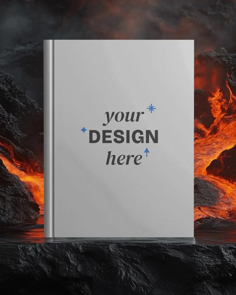 hardcover book mockup upright on charred rock surface with glowing lava background dramatic lighting and high contrast scene