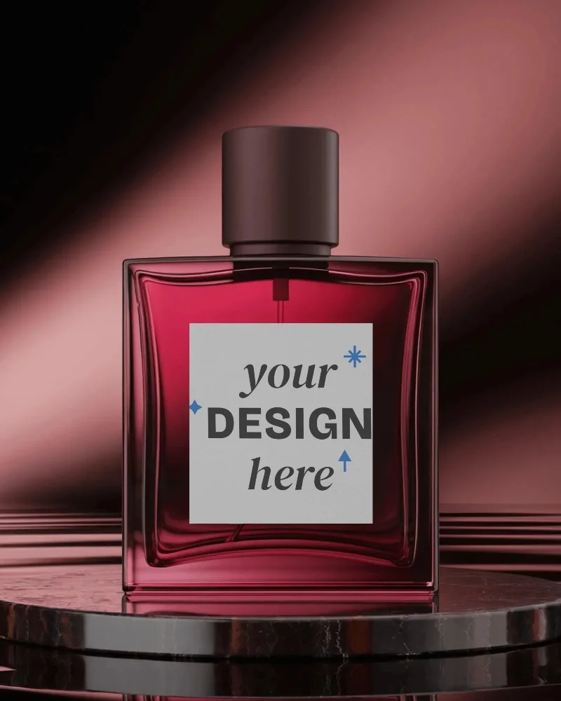 luxurious glass perfume bottle with minimalist label on marble stand for fragrance brand