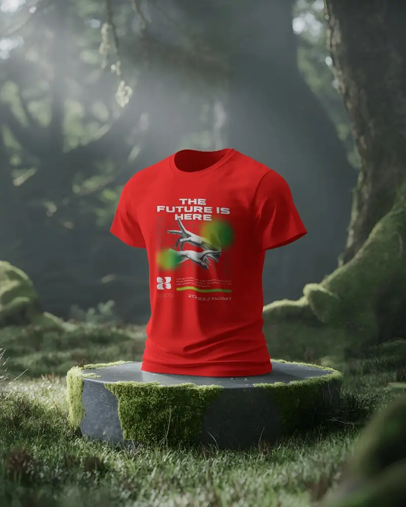 fantasy forest t shirt mockup floating shirt on stone pedestal in mossy sunlit woods
