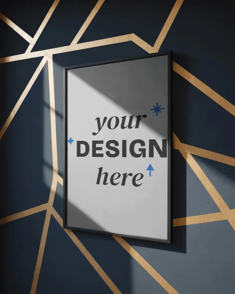 modern indoor poster mockup hanging on textured wall with geometric abstract background pattern
