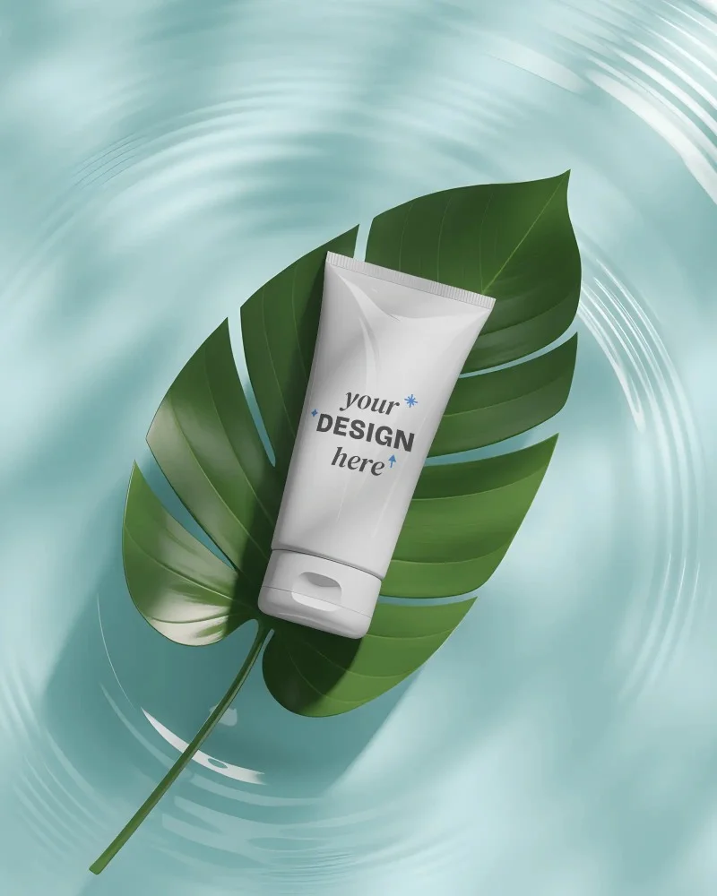 natural themed skin care tube mockup sitting on green leaf with soothing water background
