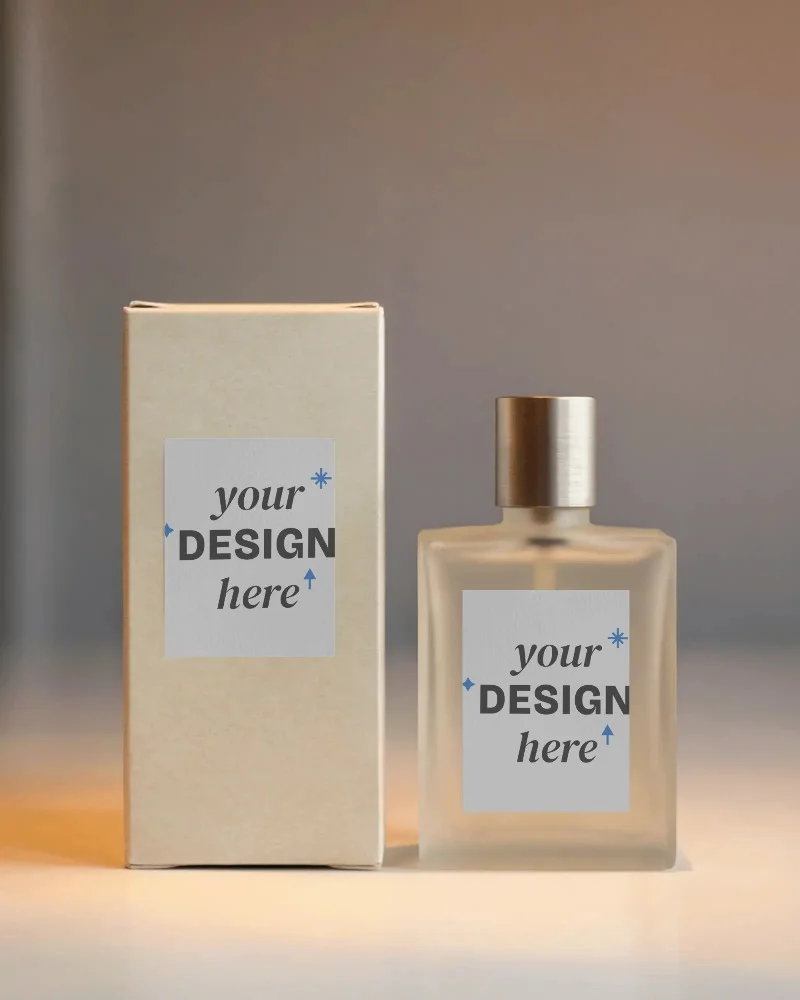 premium perfume packaging design mockup with clear glass bottle and simple box

